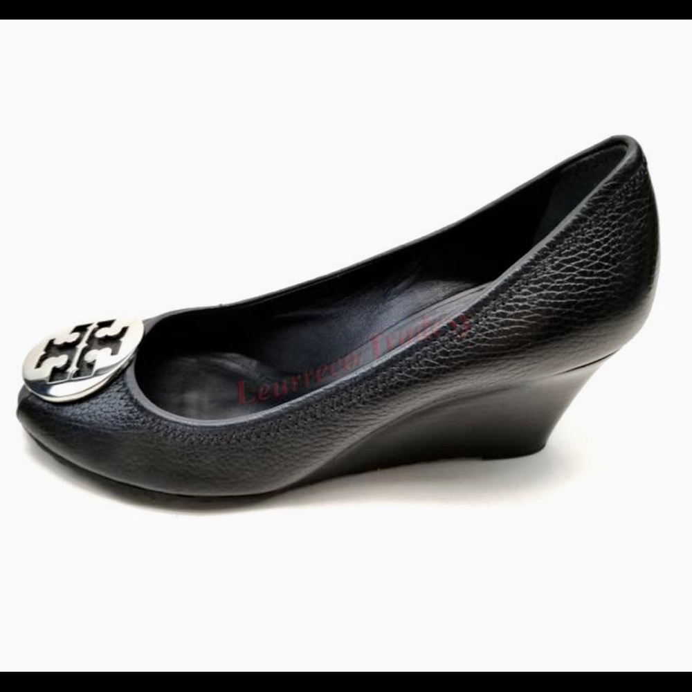 Tory Burch Black Wedge peep toe shoes w/Silver Emblem